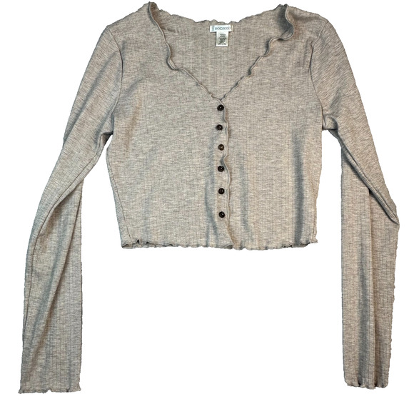 Bozzolo Oatmeal Long Sleeve Button Up Crop Lettuce Hem Blouse Size M Academia - Picture 3 of 11